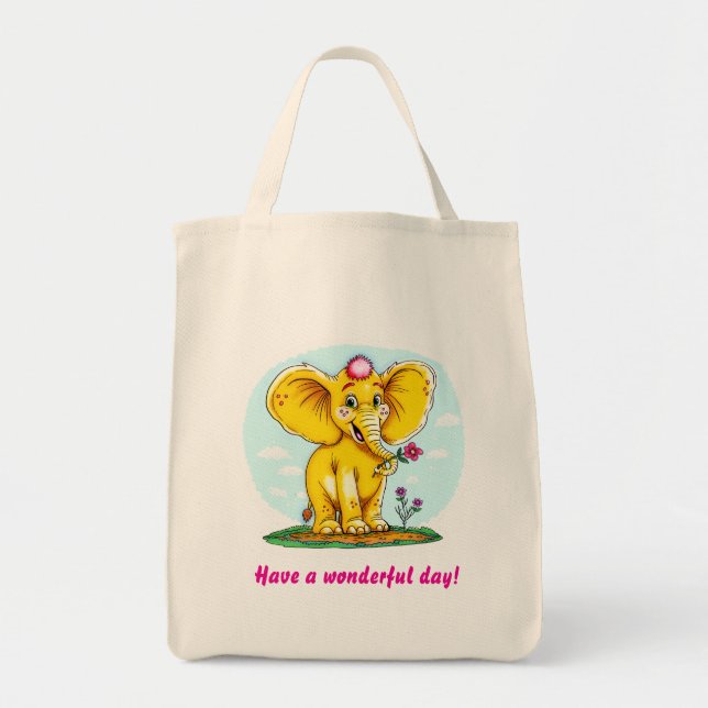 Cute Elephant Tote Bag – “Have a Wonderful Day!”  Tygkasse (Framsidan)