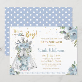 Cute Elephant Tribal Blue Guld Boy Shower Inbjudningar