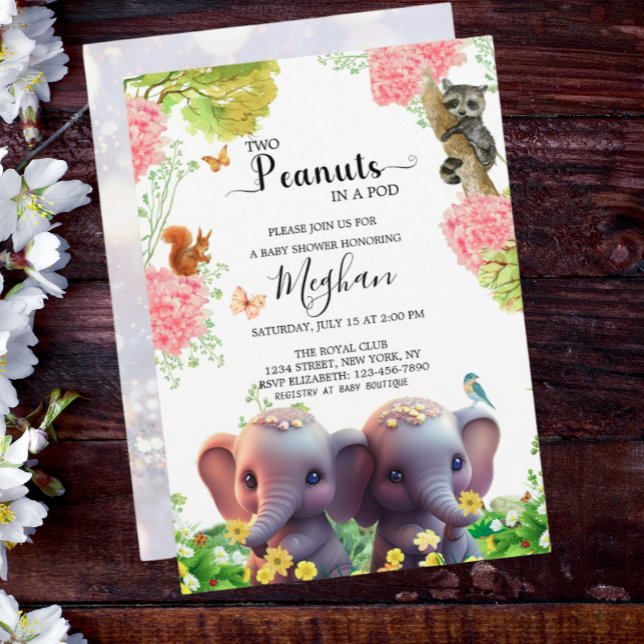 Cute Elephant Twillingar Baby Shower 2 jordnötter  Inbjudningar (Skapare uppladdad)