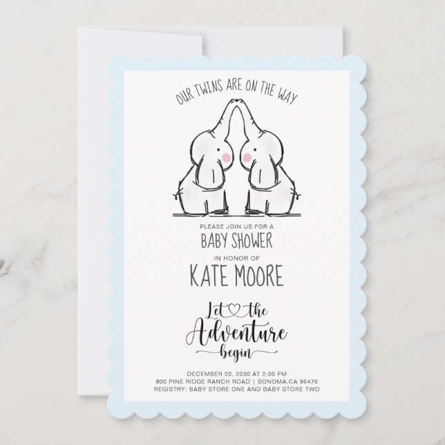 Cute Elephant Twillingar Baby Shower Blue Pojke Inbjudningar (Framsida)