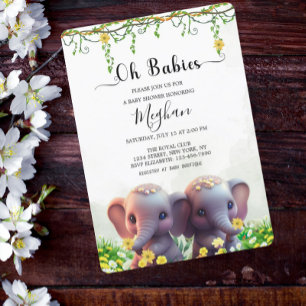 Cute Elephant Twillingars Baby Shower Blommigt Gre Inbjudningar