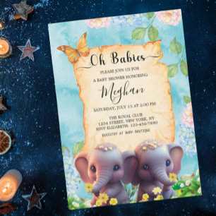 Cute Elephant Twillingars Baby Shower Blue Blommig Inbjudningar