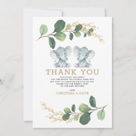 Cute Elephant Twillingars Grey Guld Baby Shower Tack Kort