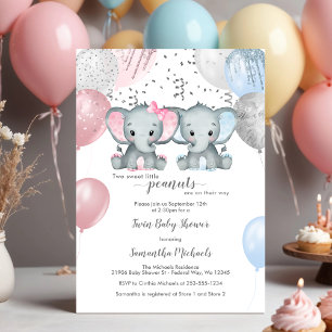 Cute Elephant Twin Balloon Baby Shower Inbjudningar