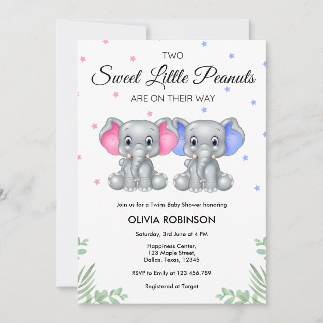 Cute Elephant Twin Girl Boy Shower Inbjudningar (Framsida)