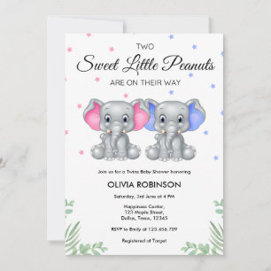 Cute Elephant Twin Girl Boy Shower Inbjudningar