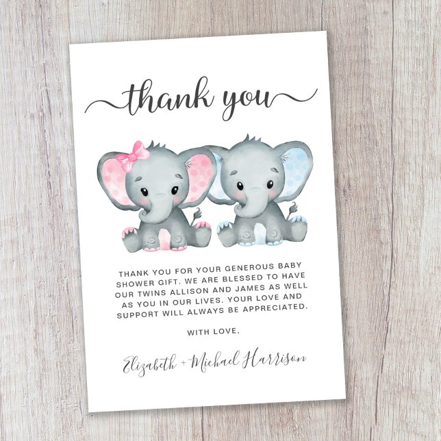 Cute Elephant Twin Girl Boy Shower Tack Kort (Skapare uppladdad)