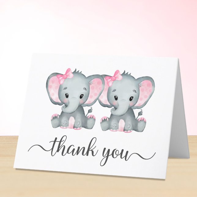 Cute Elephant Twin Girls Baby Shower Tack Kort (Skapare uppladdad)