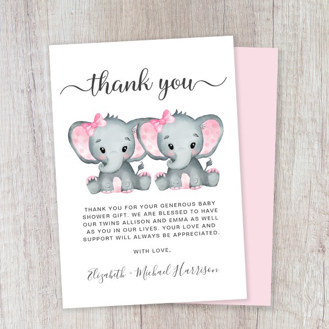 Cute Elephant Twin Girls Baby Shower Tack Kort (Skapare uppladdad)