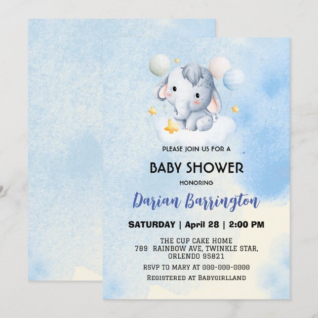 Cute elephant unge Bear-babyduschpojkar Inbjudningar (Fram/baksida)
