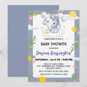 Cute elephant unge blommor, babyduschpojkar inbjudningar