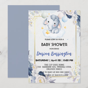 Cute elephant unge blommor, babyduschpojkar inbjudningar