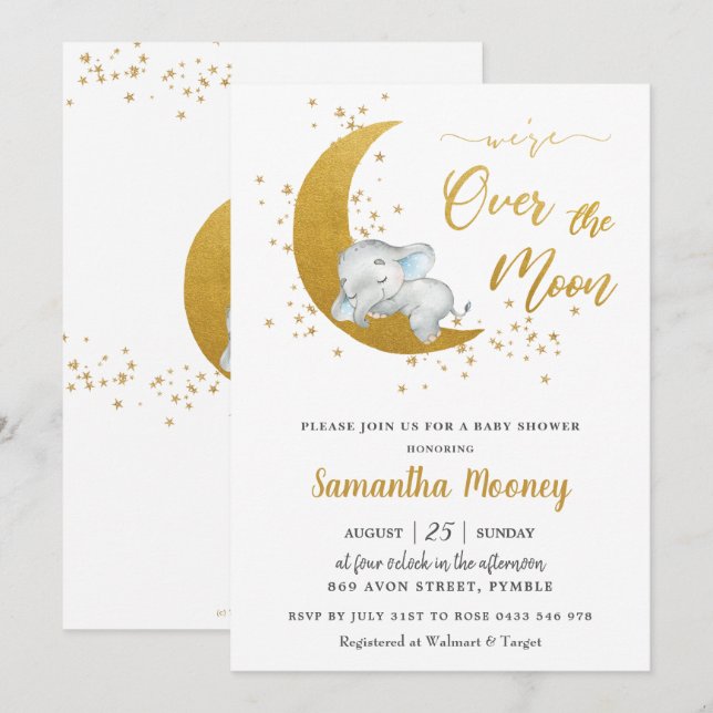 Cute Elephant Vi är över Måne Boy Baby Shower Inbjudningar (Fram/baksida)