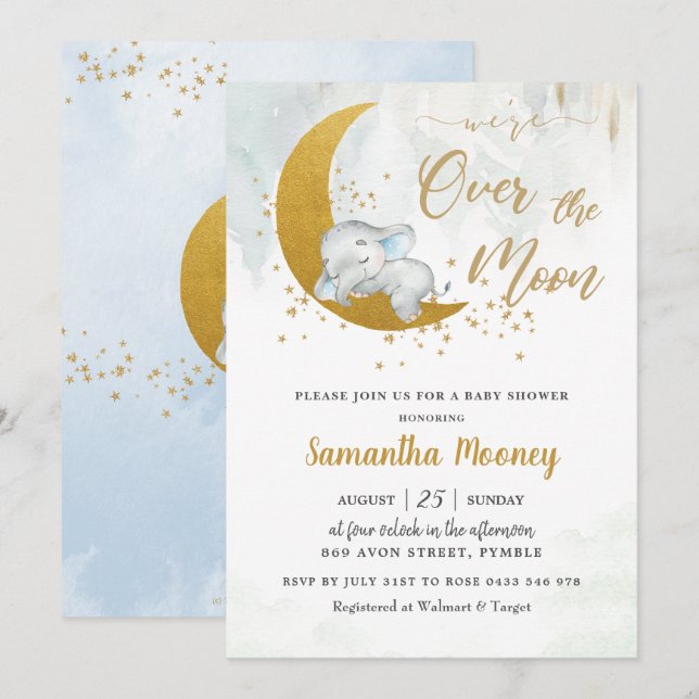 Cute Elephant Vi är över Måne Boy Baby Shower Inbjudningar (Fram/baksida)