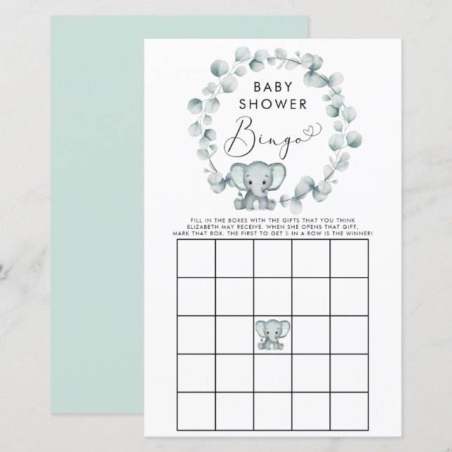 Cute Elephant Watercolor Baby Bingo Shower Game (Fram/baksida)
