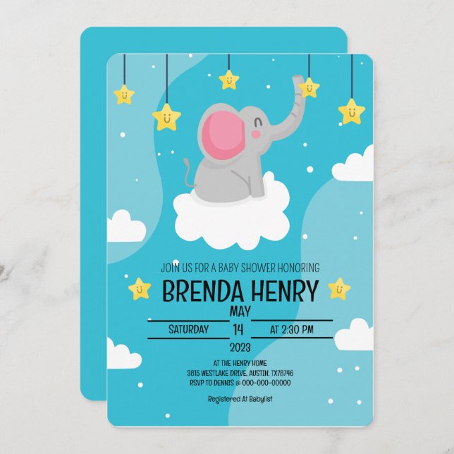 Cute Elephant Watercolor Baby Shower Meddelande (Fram/baksida)