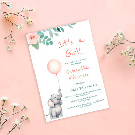 Cute Elephant Watercolor Balloon Rosa Baby Shower Inbjudningar