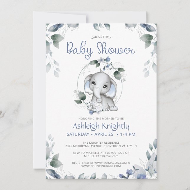 Cute Elephant Watercolor Greenery Baby Shower Inbjudningar (Framsida)