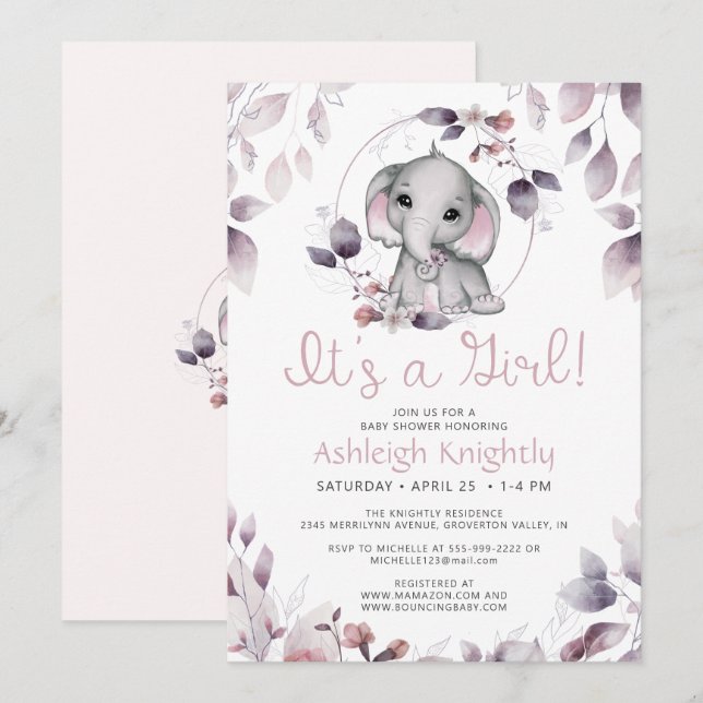 Cute Elephant Watercolor Greenery Girl Shower Inbjudningar (Fram/baksida)