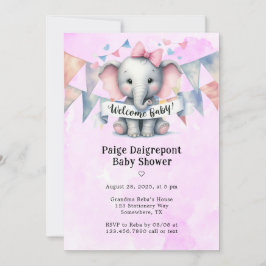 Cute Elephant Welcome Girl Baby Shower Inbjudningar