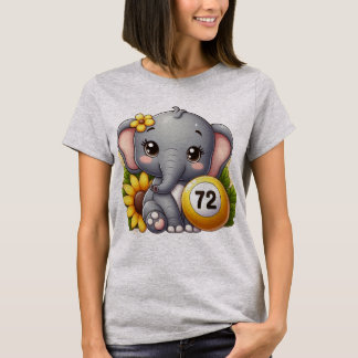 Cute elephant with a number 72 bingo ball t shirt