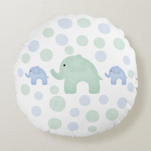 Cute Elephants Blue Grönt Polkadots Nursery Rund Kudde