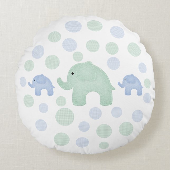 Cute Elephants Blue Grönt Polkadots Nursery Rund Kudde (Framsidan)