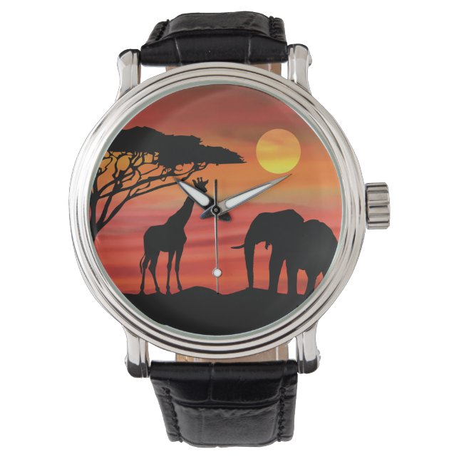 Cute Elephants och Giraffe i Serengeti Armbandsur (Framsida)