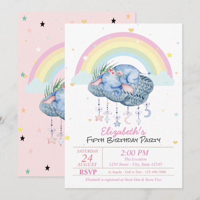 Cute Elephants Rainbow Stars Birthday Inbjudningar (Fram/baksida)