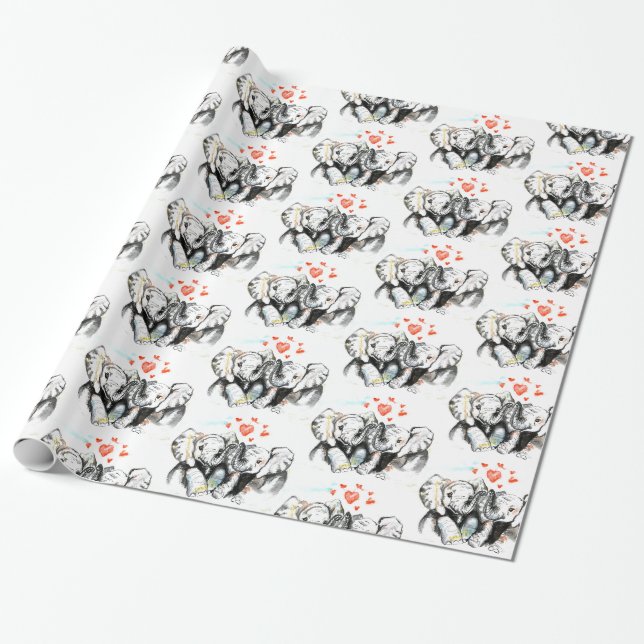 Cute Elephants Romantic Kärlek - Målning för vatte Presentpapper (Utrullad)