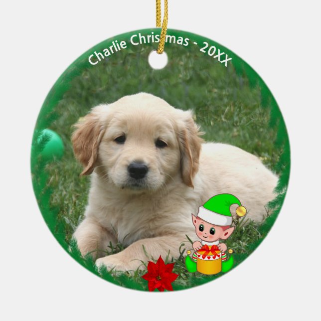 Cute Elf & Anpassningsbar Golden Retriever Puppy P Julgransprydnad Keramik (Framsidan)