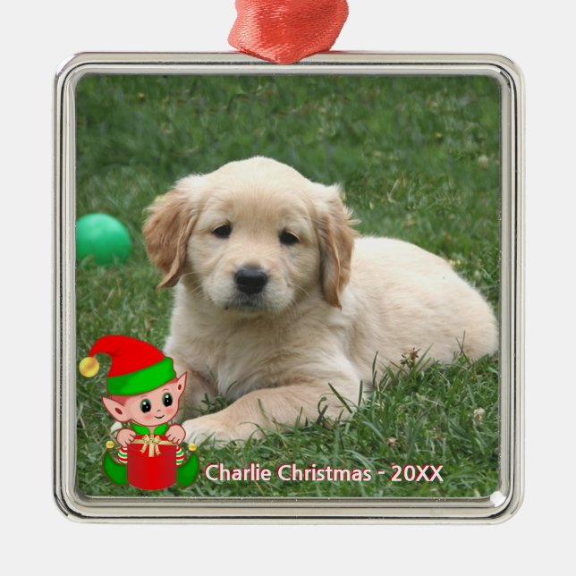 Cute Elf & Anpassningsbar Golden Retriever Puppy P Julgransprydnad Metall (Framsidan)
