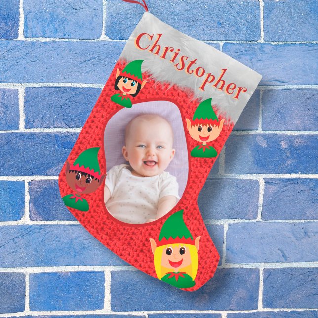 Cute Elf Anpassningsbar Photo Namn Text Red Croche Liten Julstrumpa (Skapare uppladdad)