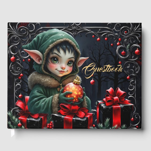 Cute Elf Child in Grönt Hooded Jacka Gästböcker (Framsida)