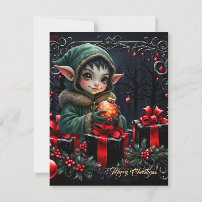 Cute Elf Child in Grönt Hooded Jacka Julkort (Framsida)