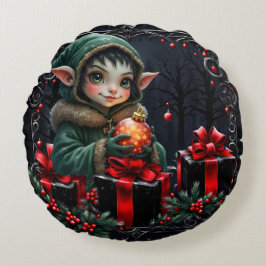 Cute Elf Child in Grönt Hooded Jacka Rund Kudde