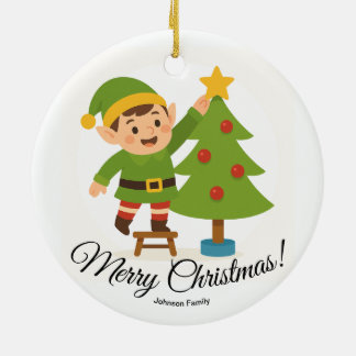 Cute Elf Decorating Tree Personalized Family Name Julgransprydnad Keramik