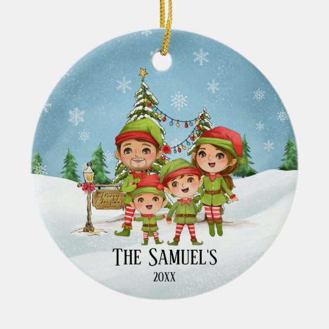 Cute Elf-familjen på 4 Mamma Pappa Sons Julgransprydnad Keramik (Framsidan)