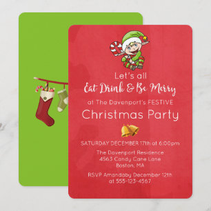 Cute Elf med julinbjudan i Käpp Inbjudningar