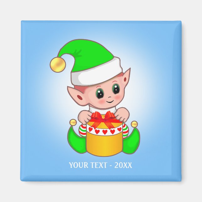 Cute Elf och din text på ljusblå Magnet (Framsidan)