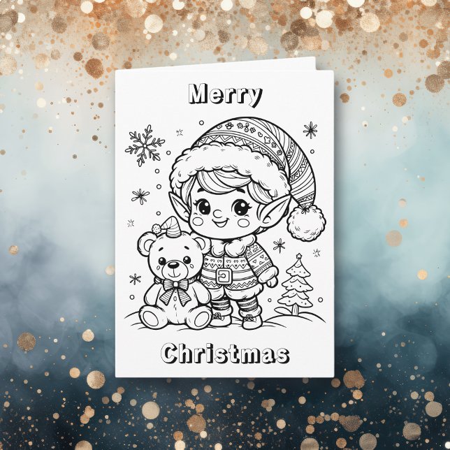 Cute Elf och Nalle jul Färg Me Kort (Skapare uppladdad)
