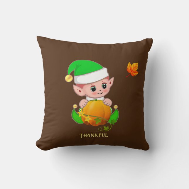 Cute Elf och Pumpkin på Brown Kudde (Framsida)