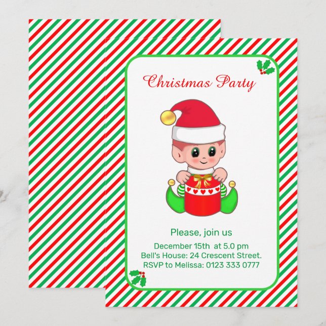 Cute Elf på Grönten, Red Stripe jul Party Inbjudningar (Fram/baksida)