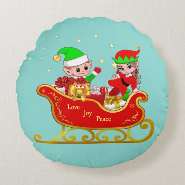 Cute Elf på julhelgen Sleigh på Teal Rund Kudde (Framsidan)