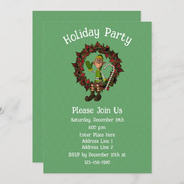 Cute Elf på Poinsettia God Helgdag Inbjudningar (Fram/baksida)
