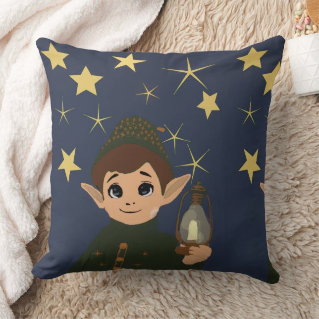 Cute Elf Watcher Square Throw Pillow Starry Night Kudde (Filt)
