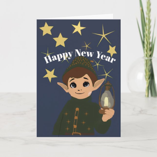 Cute Elf Watcher Starry Night Happy New Year Foldi Kort (Framsida)