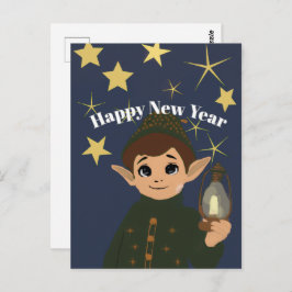 Cute Elf Watcher Starry Night Happy New Year Postc Vykort