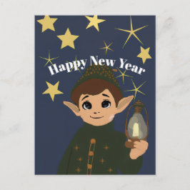 Cute Elf Watcher Starry Night Happy New Year Postc Vykort