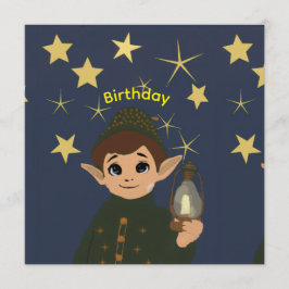 Cute Elf Watcher Starry Night Kids Birthday Party Inbjudningar